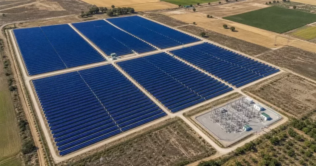 Vista aerea de gran parque fotovoltaico operativo con filas de paneles solares, parques fotovoltaicos que son y como funcionan