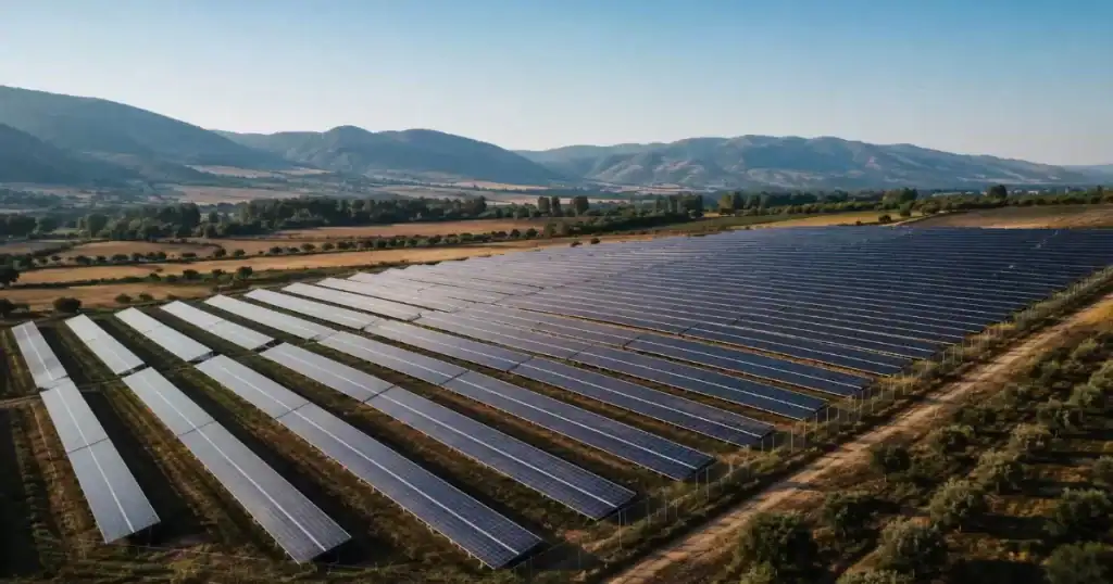 Parque fotovoltaico instalado en suelo rustico agricola integrado en el paisaje