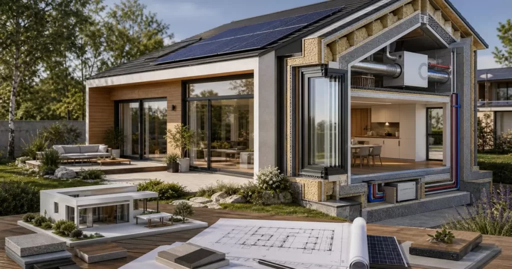 Vivienda Passivhaus con aislamiento termico triple vidrio ventilacion eficiente paneles solares planos y maqueta