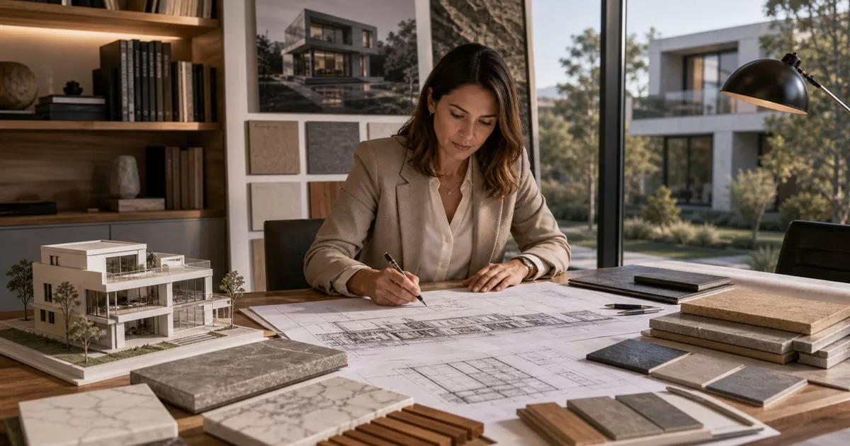Arquitecta revisando planos y maqueta en estudio premium con materiales de arquitectura
