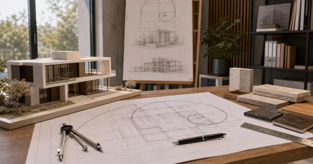 Maqueta arquitectonica con planos de proporcion Fibonacci compas y materiales nobles en estudio de arquitectura