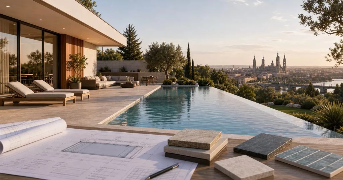 Piscina infinita en vivienda moderna de Zaragoza con planos y materiales de proyecto exterior