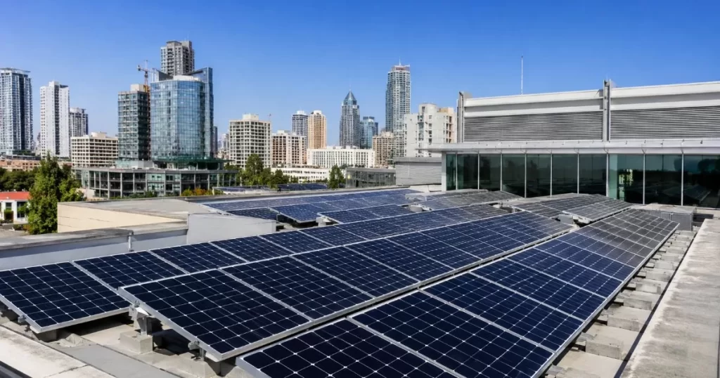 Paneles solares fotovoltaicos en la azotea de un edificio moderno
