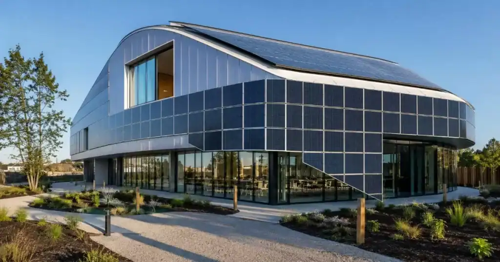 Edificio de diseño premium con placas solares integradas elegantemente en fachada como elemento estetico