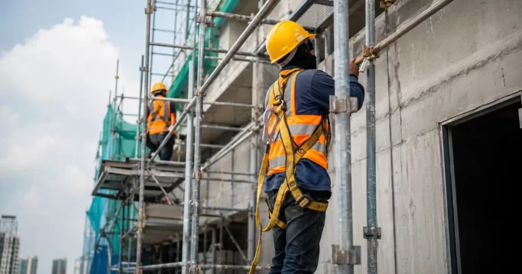 Trabajadores con equipo de seguridad y arnes en una obra de construccion