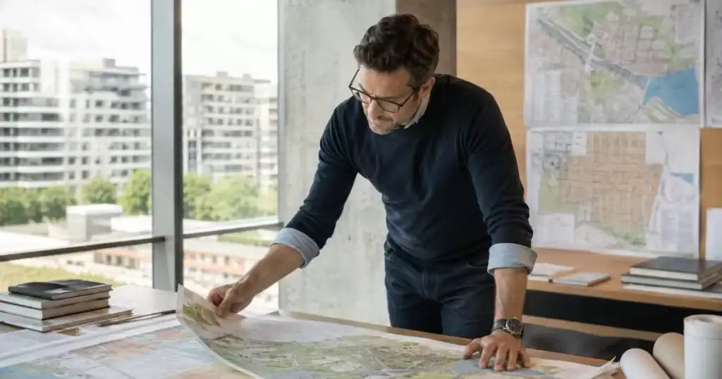 Arquitecto urbanista revisando planeamiento urbanistico y compatibilidad de usos con planos de ordenacion