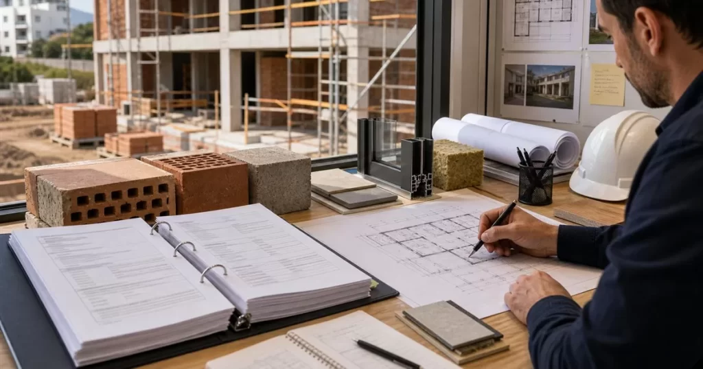 Pliego de condiciones tecnicas en obra con especificaciones materiales muestras constructivas planos y obra al fondo