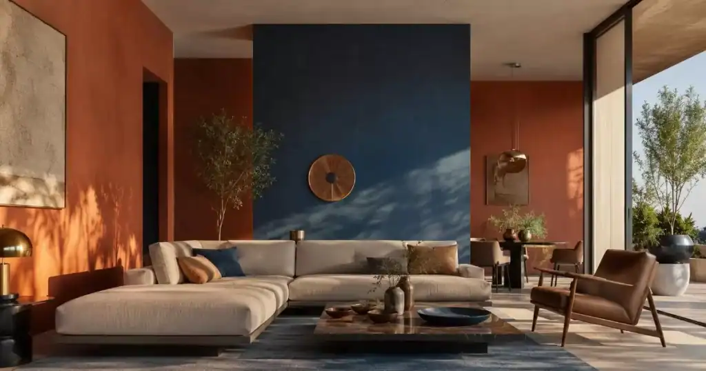 Salon moderno con paredes en terracota y azul profundo que muestra el poder del color en el diseno arquitectonico