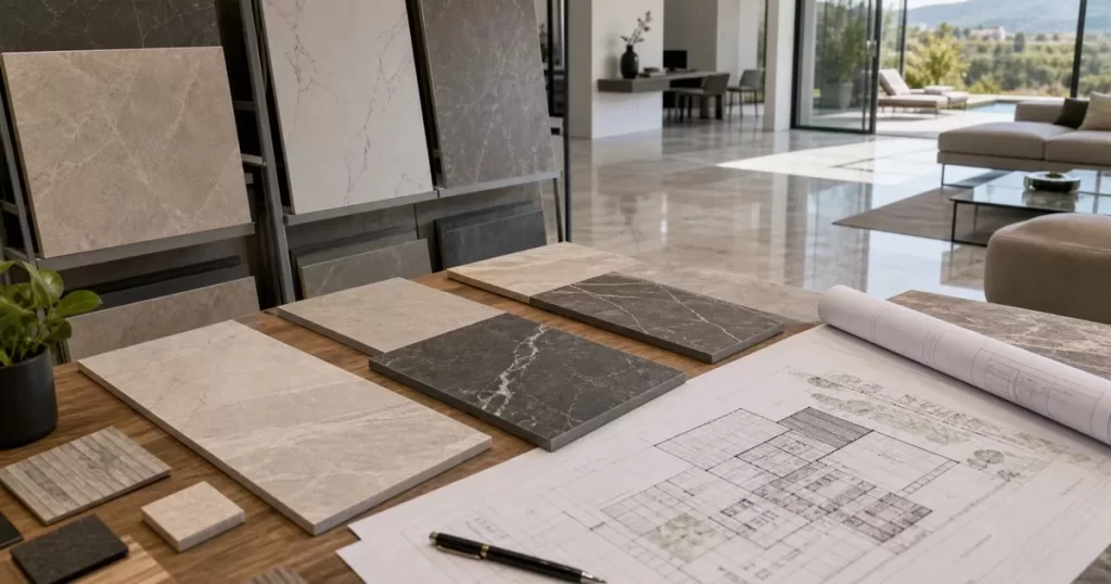 Muestrario de porcelanico premium con planos arquitectonicos y vivienda moderna al fondo