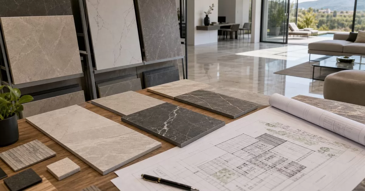 Muestrario de porcelanico premium con planos arquitectonicos y vivienda moderna al fondo