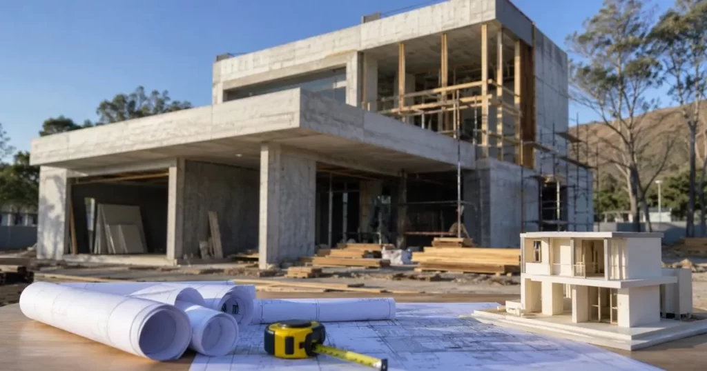 Plano y maqueta junto a vivienda moderna en construccion en Zaragoza