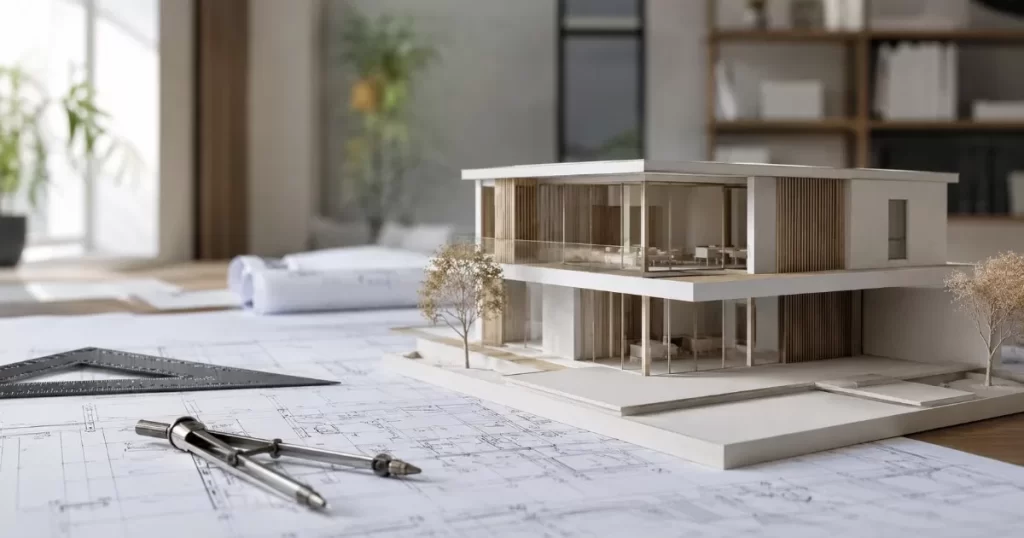 Plano arquitectonico y maqueta de casa de dos plantas para proyecto de 120 m2