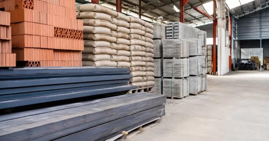 Materiales de construccion apilados en un almacen de obra en Zaragoza