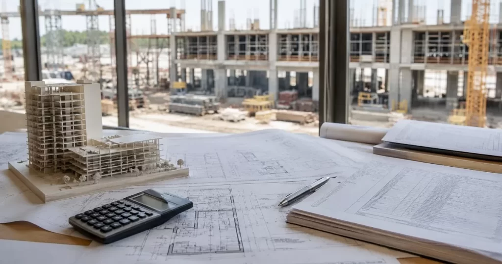 Escritorio de arquitecto con planos calculadora y presupuesto de obra de construccion