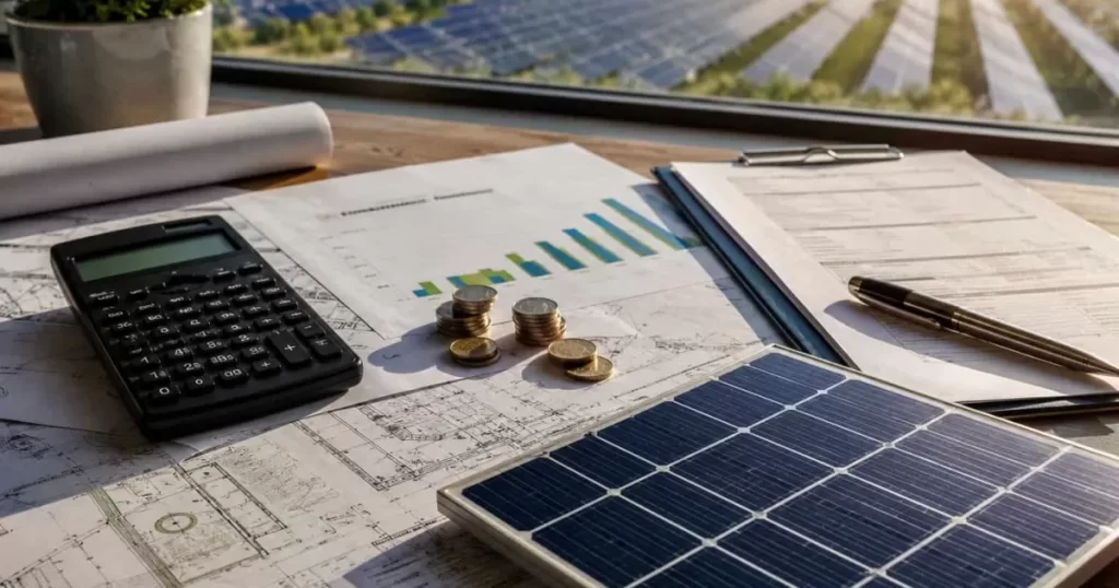 Mesa de despacho con planos de instalación fotovoltaica, calculadora, gráfico financiero, monedas euro y panel solar de muestra, con parque fotovoltaico al fondo