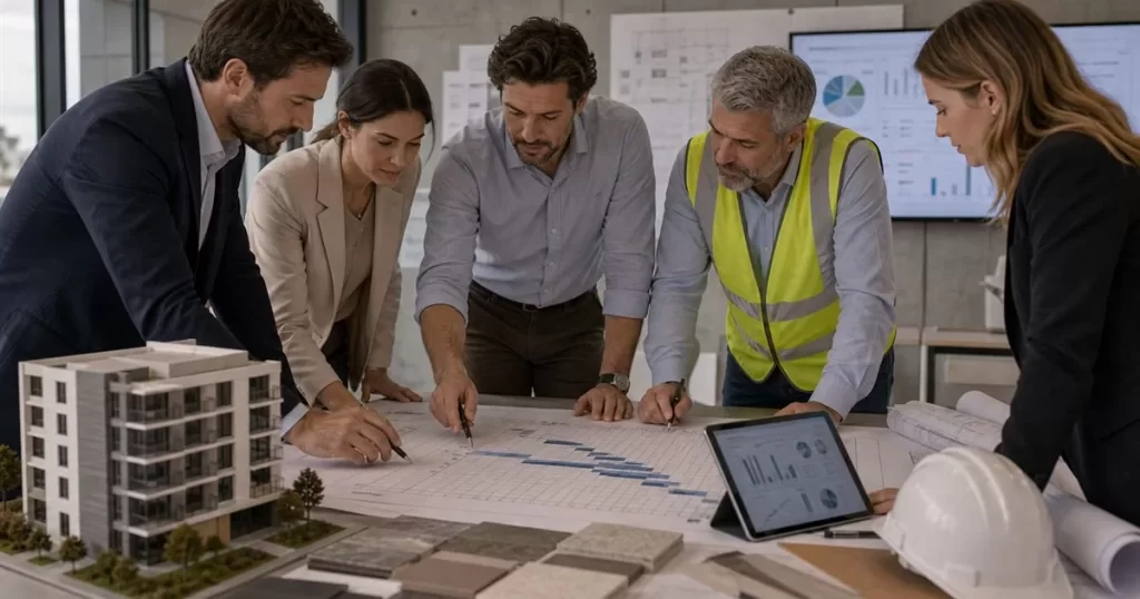 Equipo de project management en arquitectura coordinando planos cronograma maqueta y control de obra