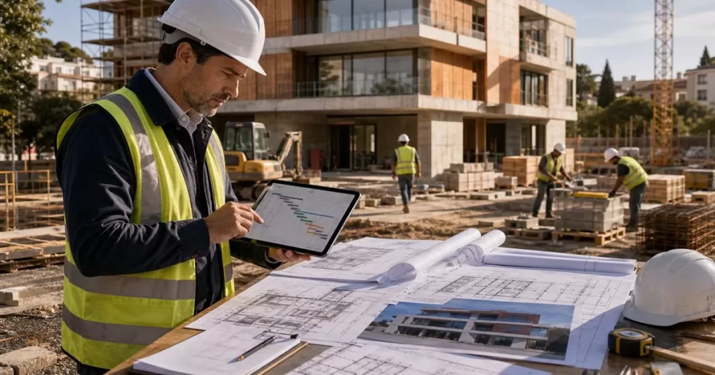 Project manager coordinando obra residencial con cronograma planos tablet y equipos de construccion