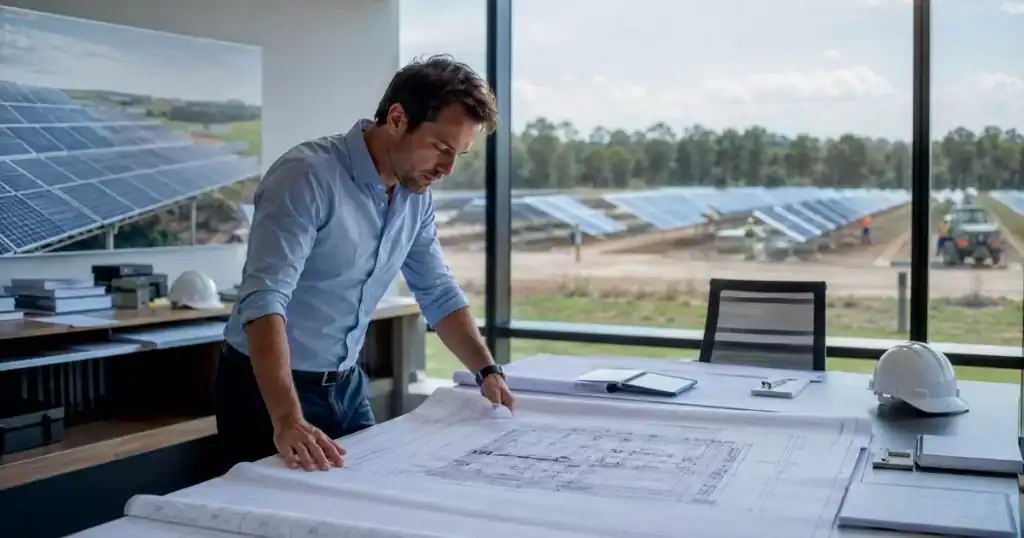 arquitecto revisando planos tecnicos de parque fotovoltaico con campo solar en construccion