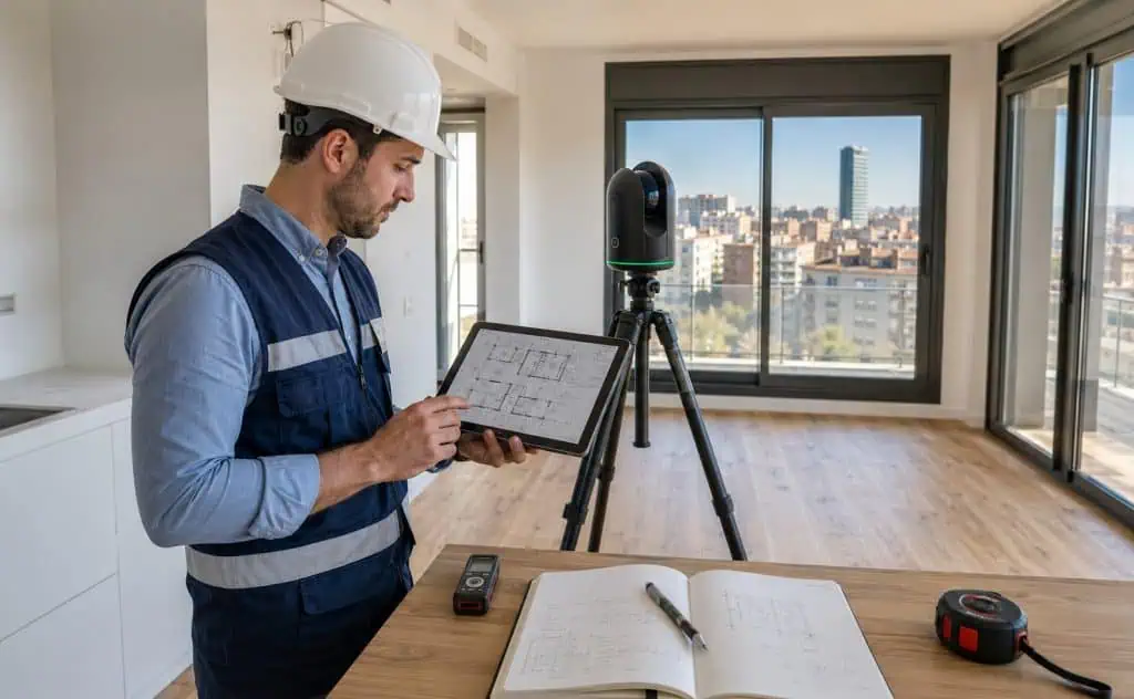 Arquitecto técnico realizando levantamiento as-built en vivienda terminada en Zaragoza con tablet CAD y láser scanner Leica BLK360 sobre trípode — proyecto as-built LOE