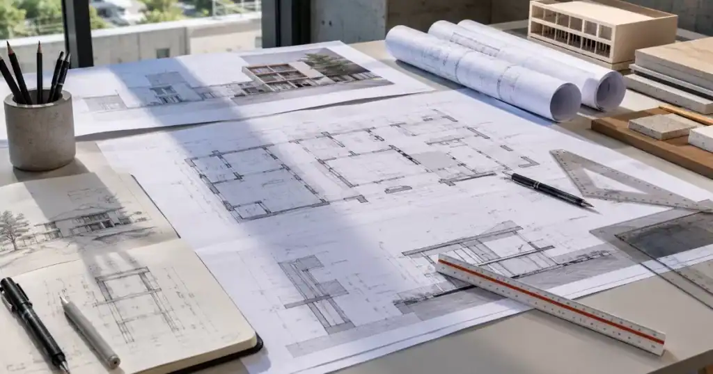 Mesa de arquitecto con planos de proyecto basico y de ejecucion reglas y escalimetro detalles tecnicos