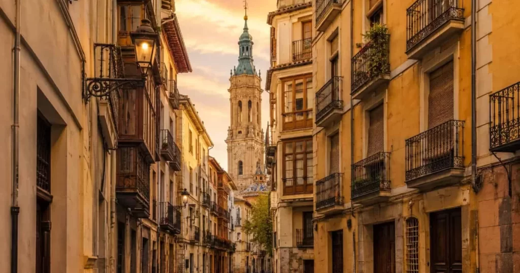 Calle empedrada del Casco Histórico de Zaragoza con fachadas ocres tradicionales, balcones de forja restaurados y torre de la Basílica del Pilar al fondo al atardecer dorado