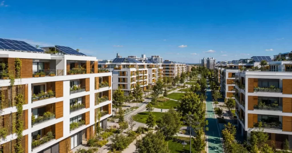 Vista urbana del barrio sostenible Valdespartera en Zaragoza con edificios bioclimáticos, paneles solares en cubierta, fachadas blancas con madera natural y parque central