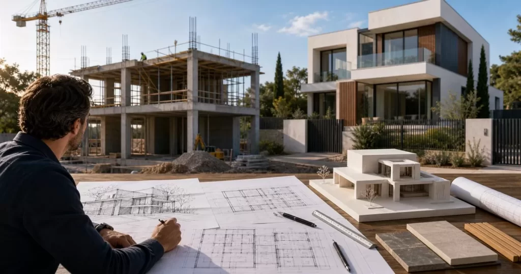 Arquitecto con planos maqueta obra en construccion y vivienda terminada mostrando un proyecto de construccion completo