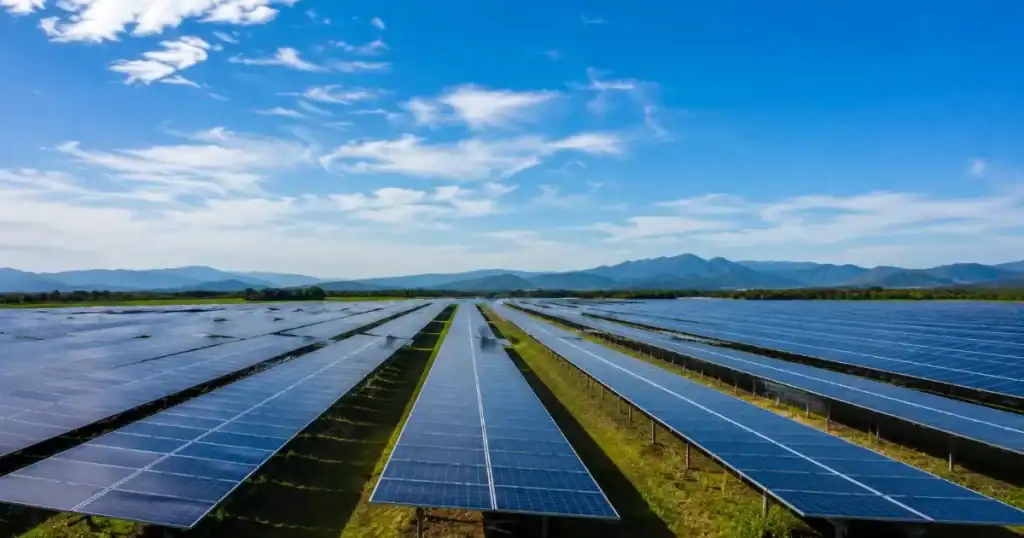 Parque fotovoltaico de inversion rentable con amplias filas de paneles solares en terreno extenso
