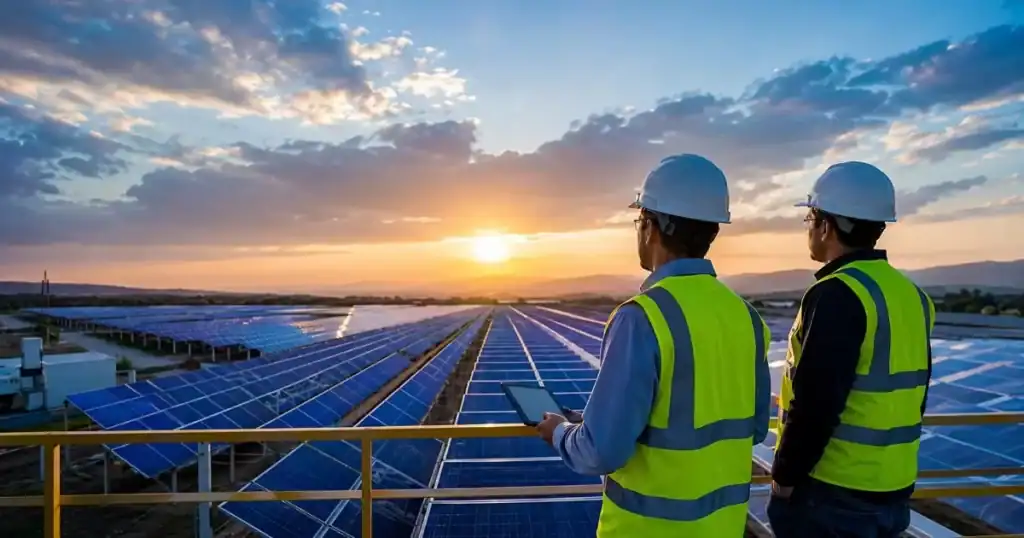 Equipo tecnico supervisando puesta en marcha de parque fotovoltaico llave en mano completo