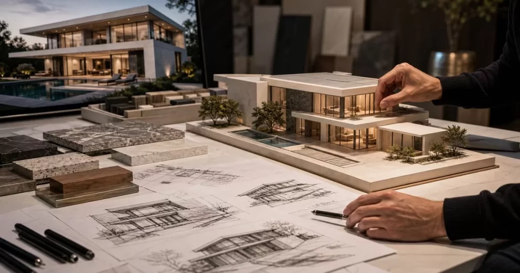 Maqueta de vivienda de lujo con bocetos arquitectonicos materiales premium y render de proyecto exclusivo