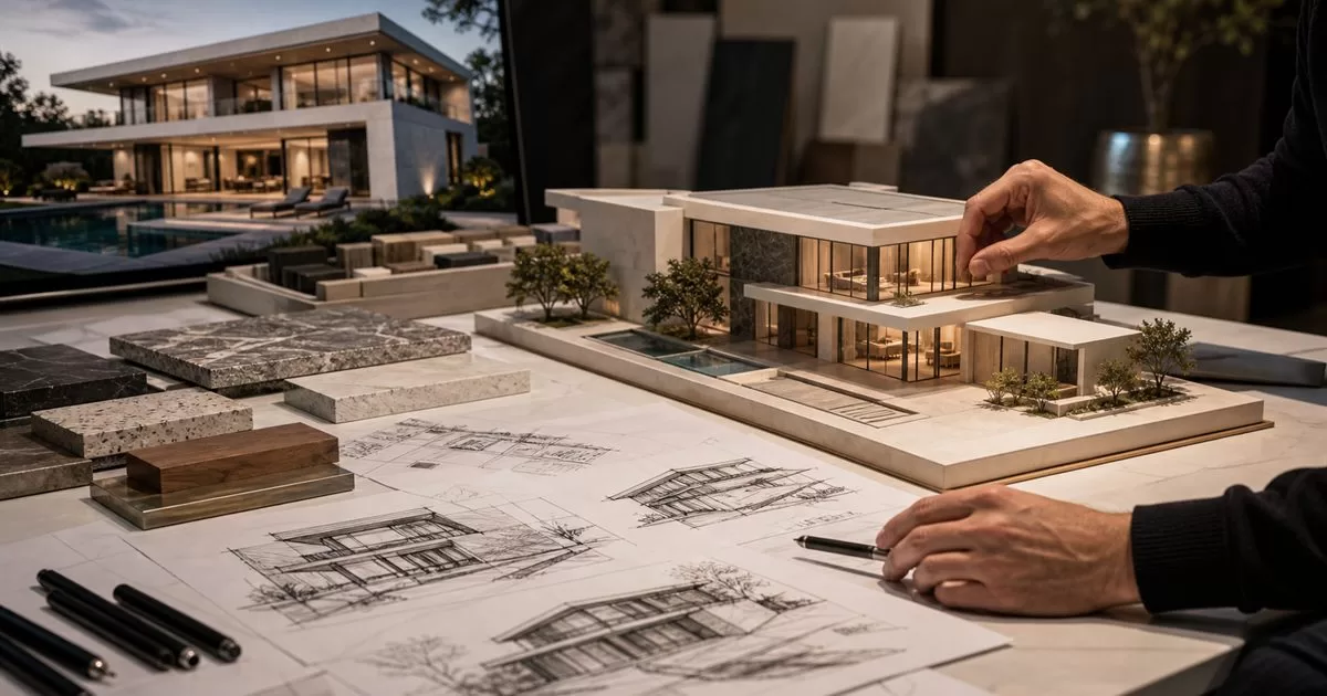 Maqueta de vivienda de lujo con bocetos arquitectonicos materiales premium y render de proyecto exclusivo