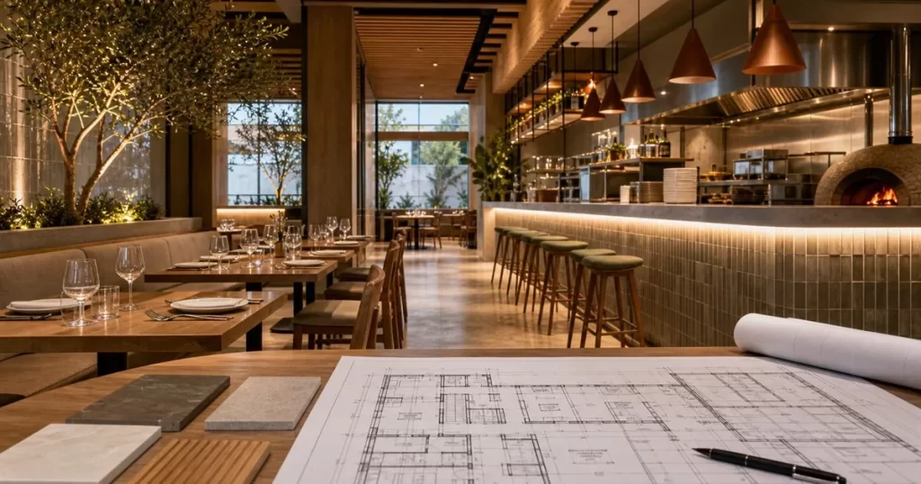 Restaurante de obra nueva con cocina abierta barra elegante planos de distribucion y materiales de diseño