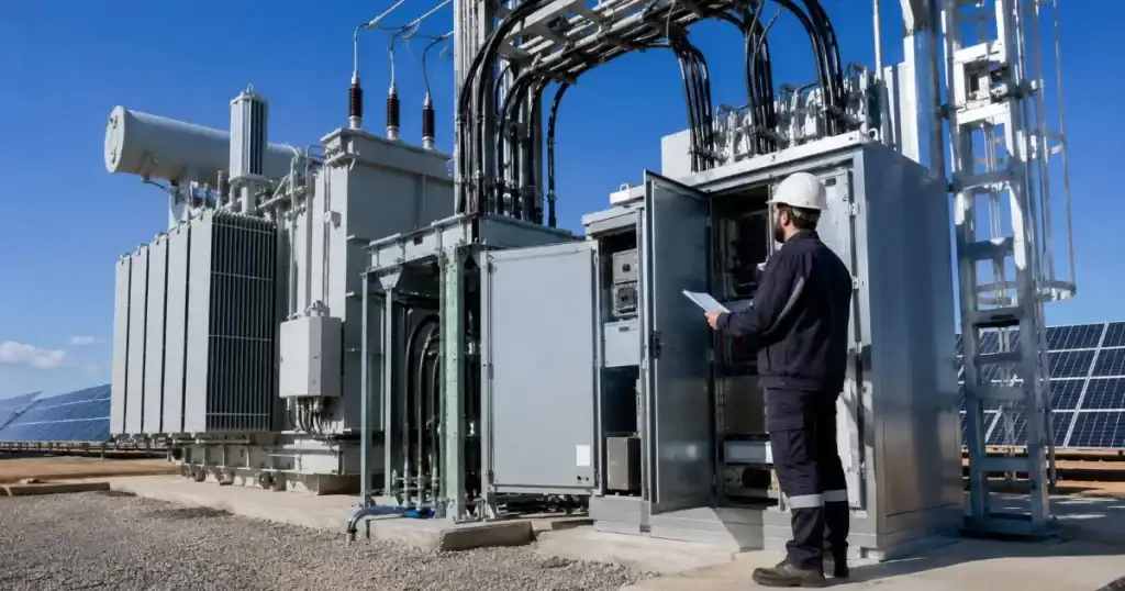 ingeniero inspeccionando punto de conexion electrico de parque fotovoltaico con transformador