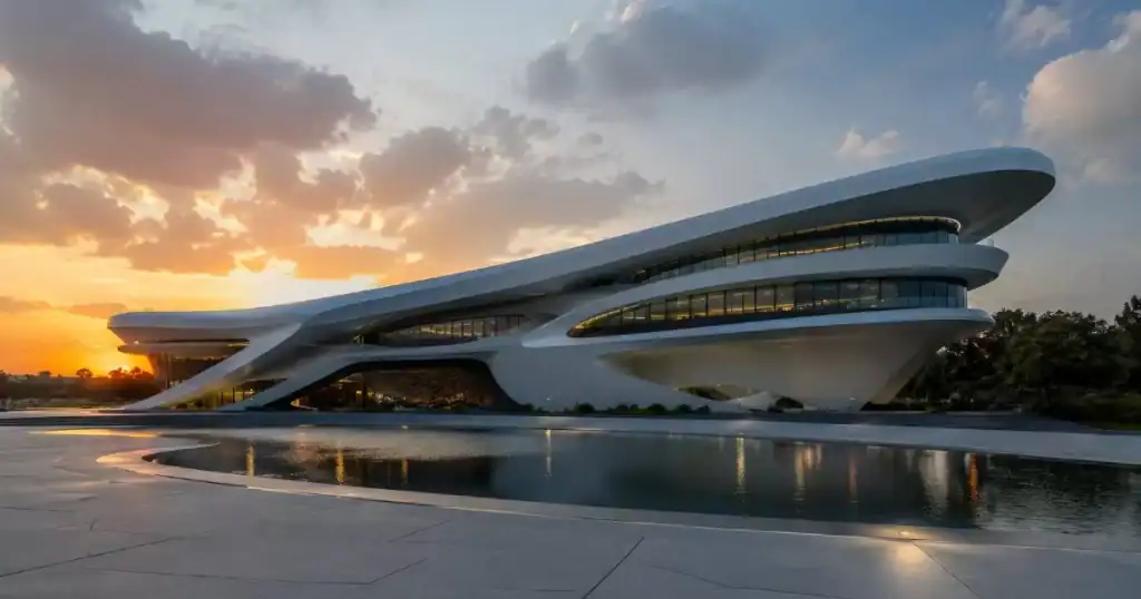 Edificio futurista de diseno vanguardista con formas aerodinamicas y materiales innovadores