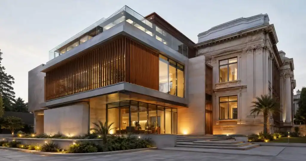 Edificio de arquitectura hibrida combinando madera vidrio y hormigon en fusion de estilos