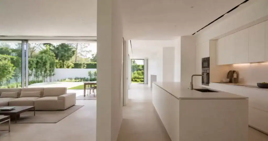 Interior minimalista de vivienda moderna con lineas limpias paleta neutra y diseno funcional