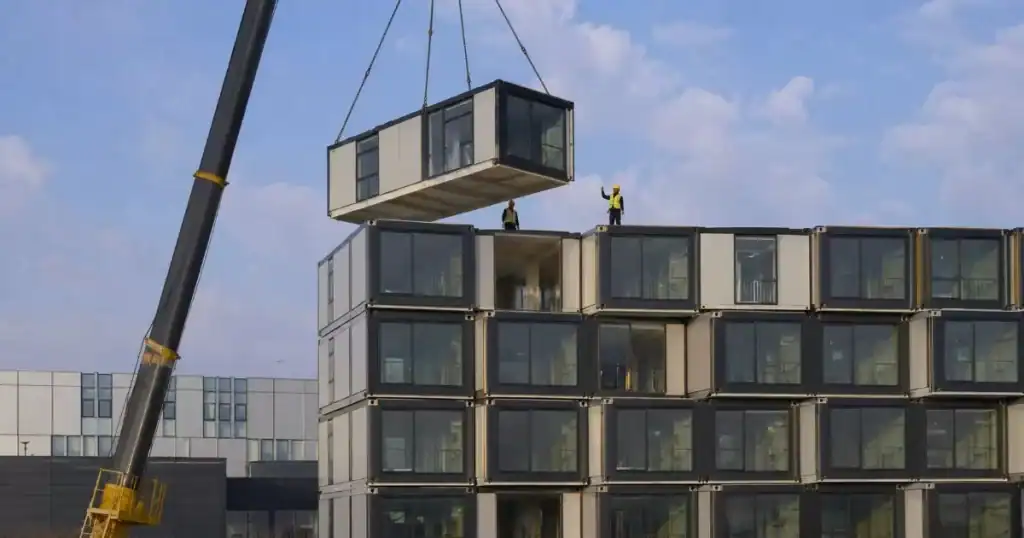 Edificio de arquitectura modular construido con modulos prefabricados apilados y grua