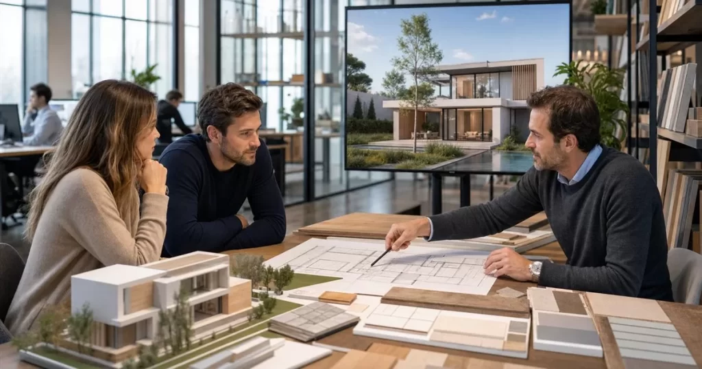 Arquitecto presentando planos y render 3D a clientes en estudio profesional, que hace un estudio de arquitectura servicios clave