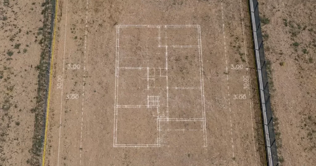 Vista aérea cenital de parcela urbana rectangular en Zaragoza con piquetas topográficas, cinta amarilla de medición y croquis de planta de vivienda dibujado con tiza blanca sobre el terreno