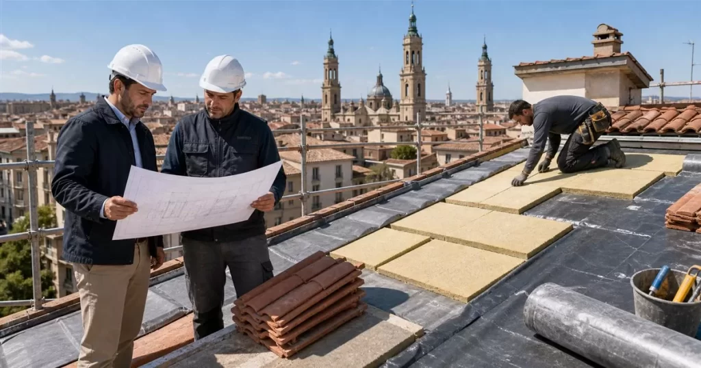 Reforma de cubierta en Zaragoza con aislamiento impermeabilizacion teja andamios y arquitecto revisando planos