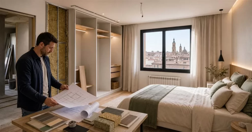 Reforma de dormitorio en Zaragoza con armario empotrado aislamiento iluminacion y acabados para zona de descanso