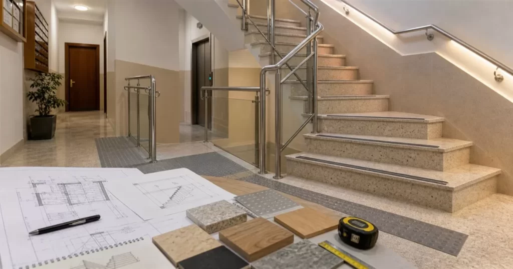 Reforma de escalera comunitaria en Zaragoza con peldaños pasamanos iluminacion accesibilidad planos y DB SUA