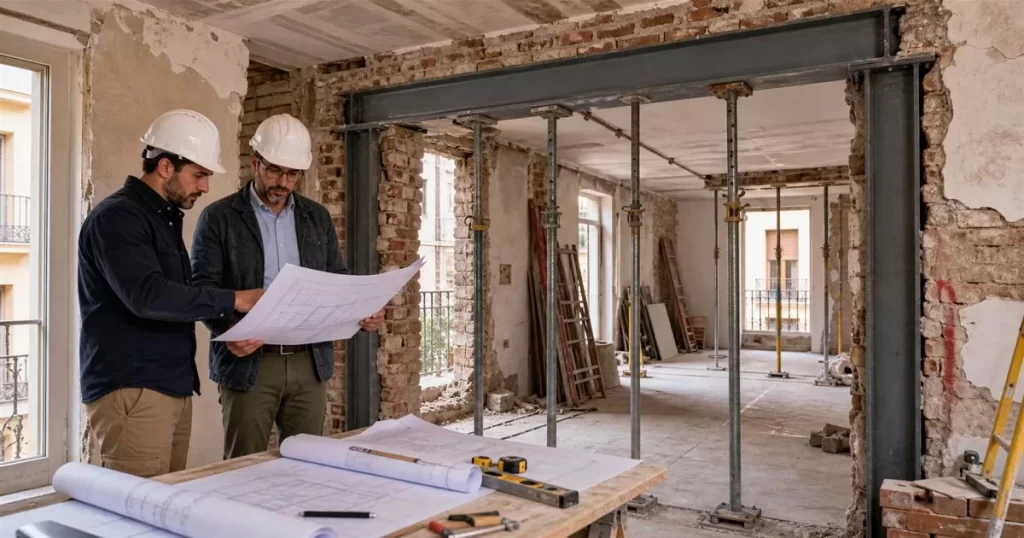 Reforma estructural en Zaragoza con apuntalamiento viga metalica muro de carga y tecnico revisando proyecto