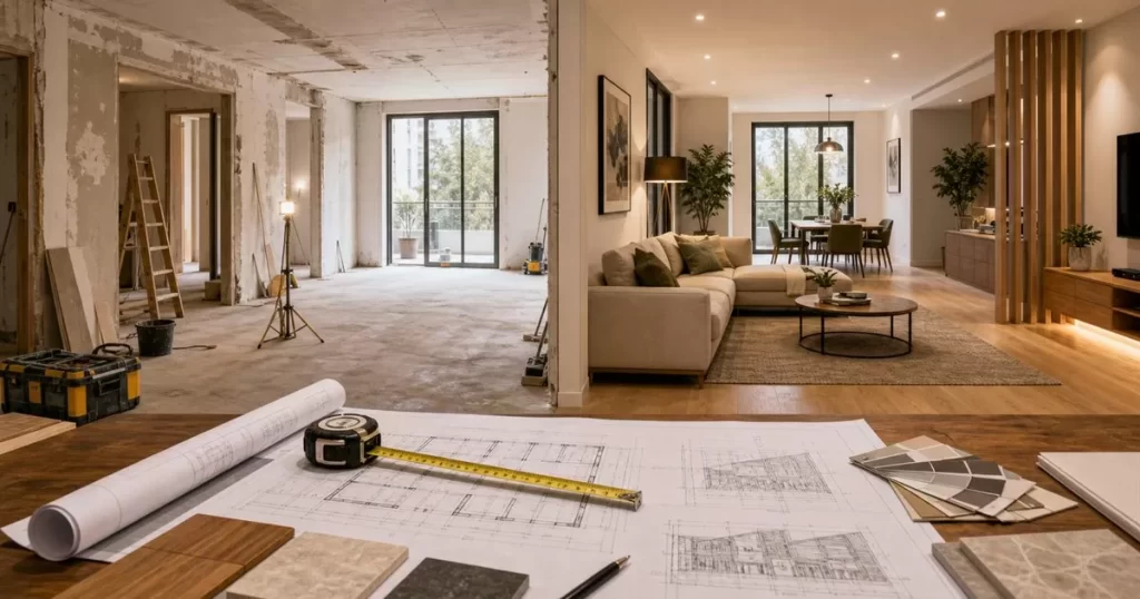 Reforma integral de vivienda antes y despues con planos materiales mediciones y salon moderno terminado
