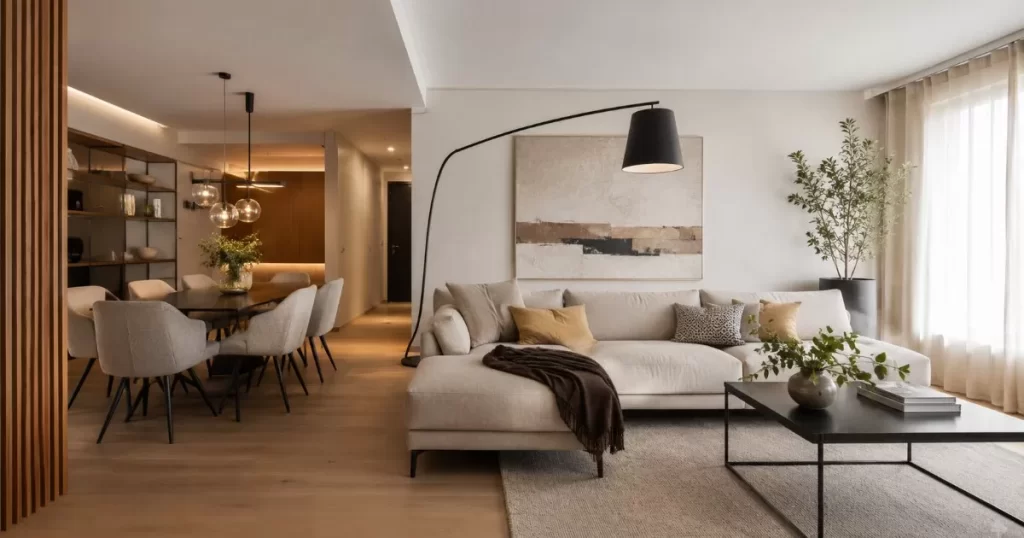 Salon luminoso y elegante tras una reforma integral con acabados modernos