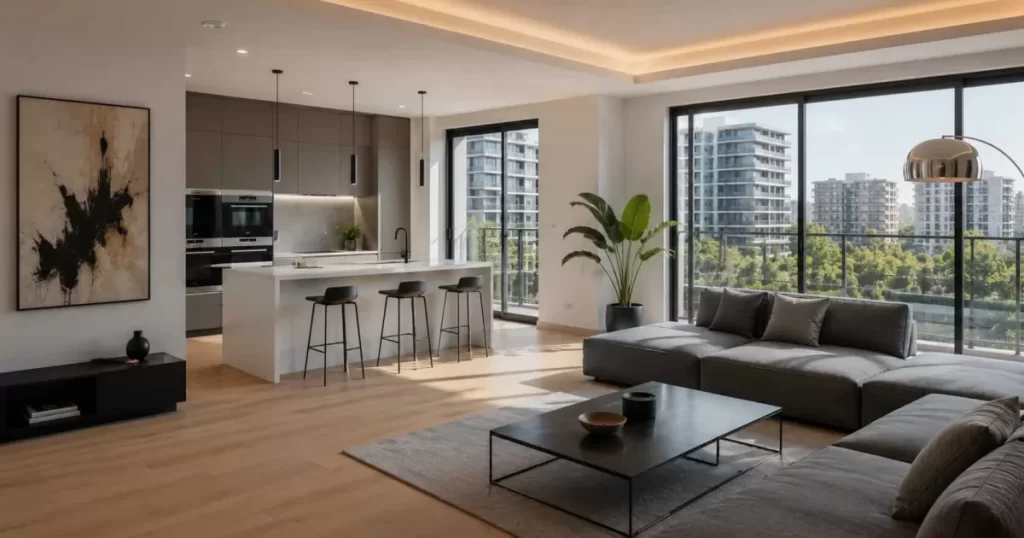 Salón comedor moderno reformado en piso del barrio Actur Zaragoza con cocina abierta isla cuarzo blanco y gran ventanal a torres residenciales