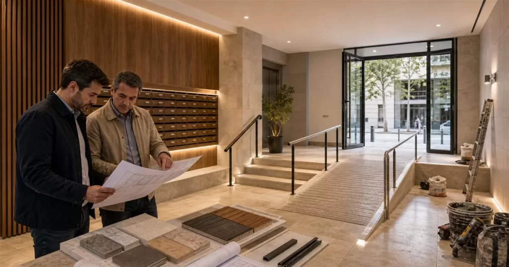 Reforma de portal de edificio en Zaragoza con accesibilidad pavimentos iluminacion y arquitecto revisando planos