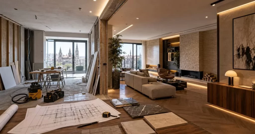 Reforma de lujo en Zaragoza con salon premium zona de obra limpia planos y materiales de alta gama
