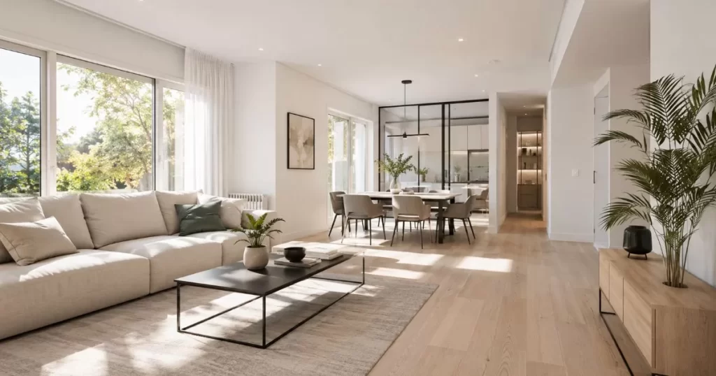 Salon de vivienda reformado luminoso con acabados de calidad