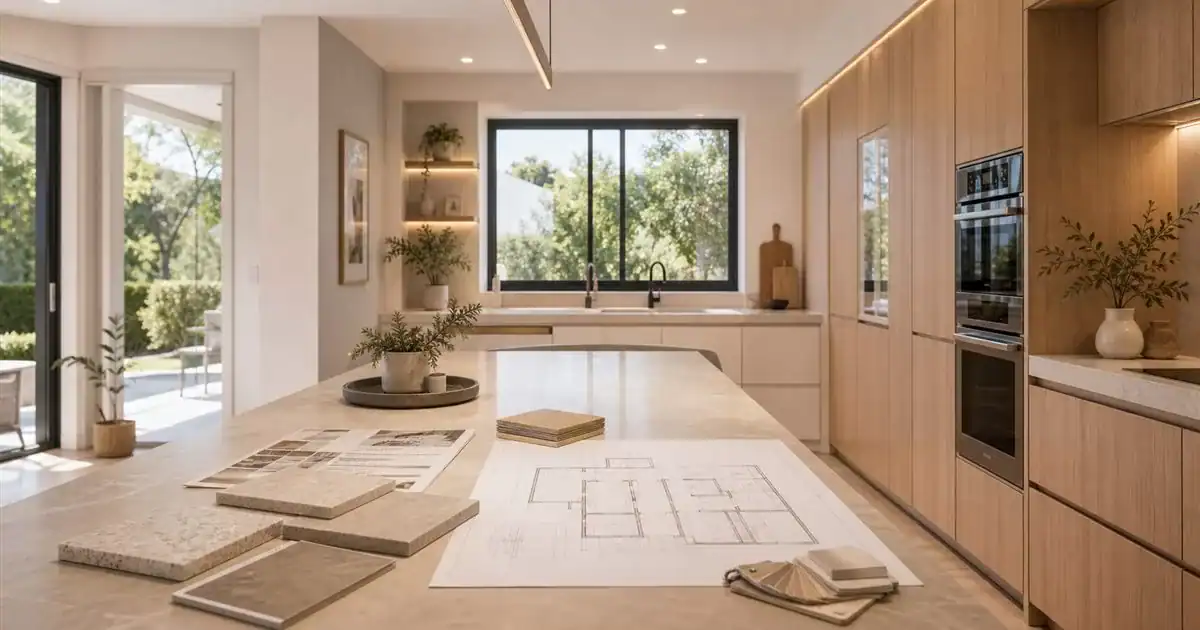 Cocina reformada moderna con isla central planos de reforma y materiales premium